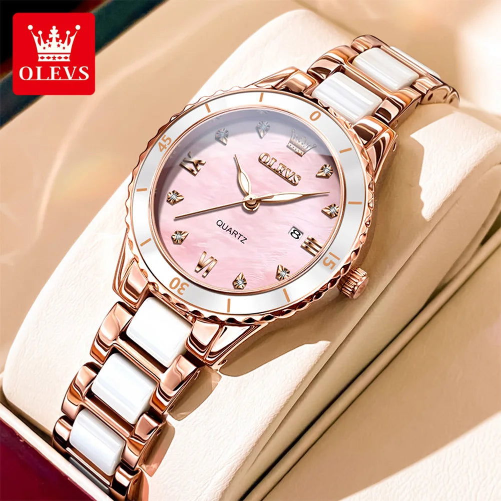 OLEVS Women Watch Diamond Roman Scale Waterproof Calendar Elegant Quartz Watches Ceramic Strap Luxury Original Girls Watch 9985