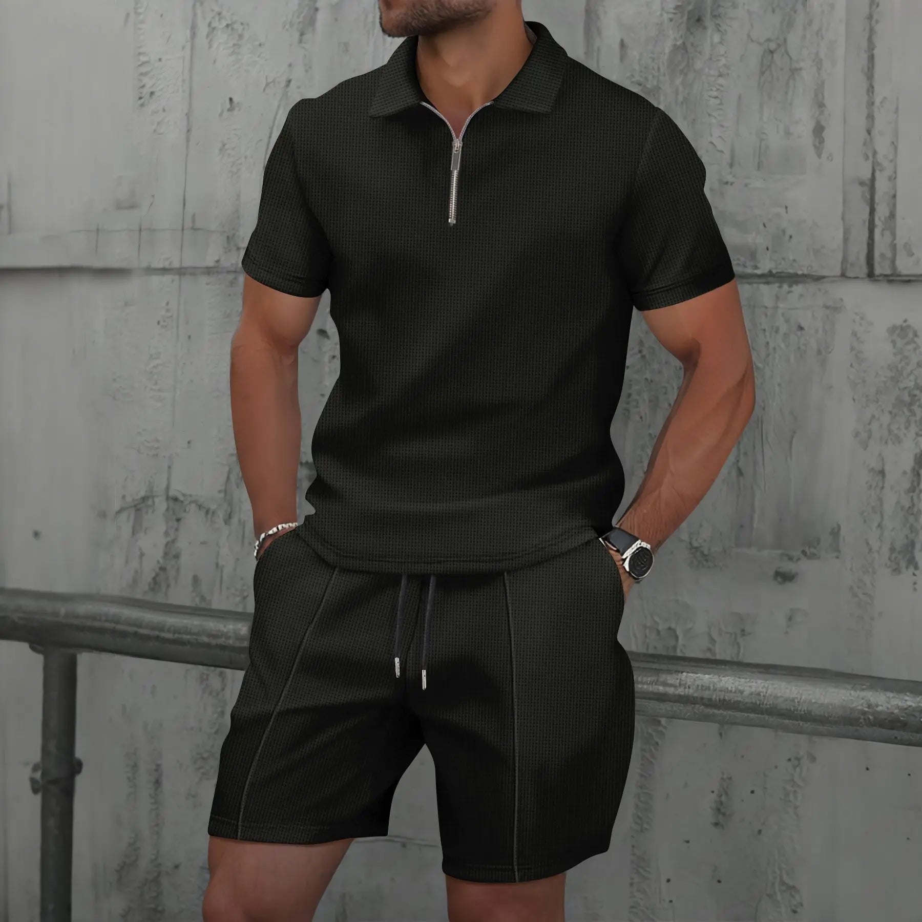 2025 Men Europe and the United States new summer Waffle solid color zip-up lapel short-sleeve suit shorts two sets