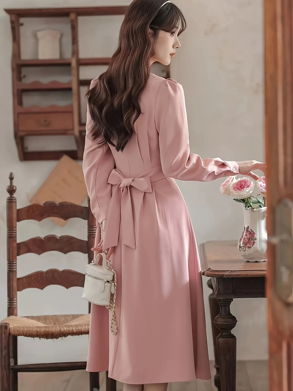 Square Neck Ruffle Hem Dress, Elegant Tie Back Aline Dress For Spring & Fall, Women's Clothing