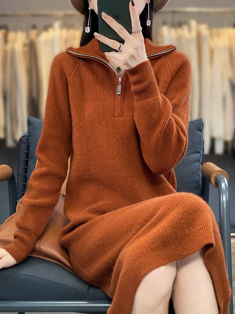 Thick Zipper Mock Neck Chic Elegant Soft Warm Striped Basic Comfort Women's  One-piece Dress 100% Merino Wool Exquisite Sweater