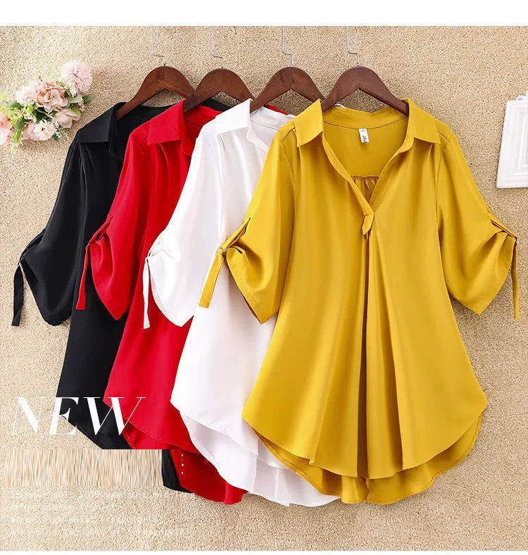 Women's Slimming Chiffon Top 2024 Summer New Style Medium-Length Short Sleeves Plus Size Loose-Fit Waist-Fitted Shirt