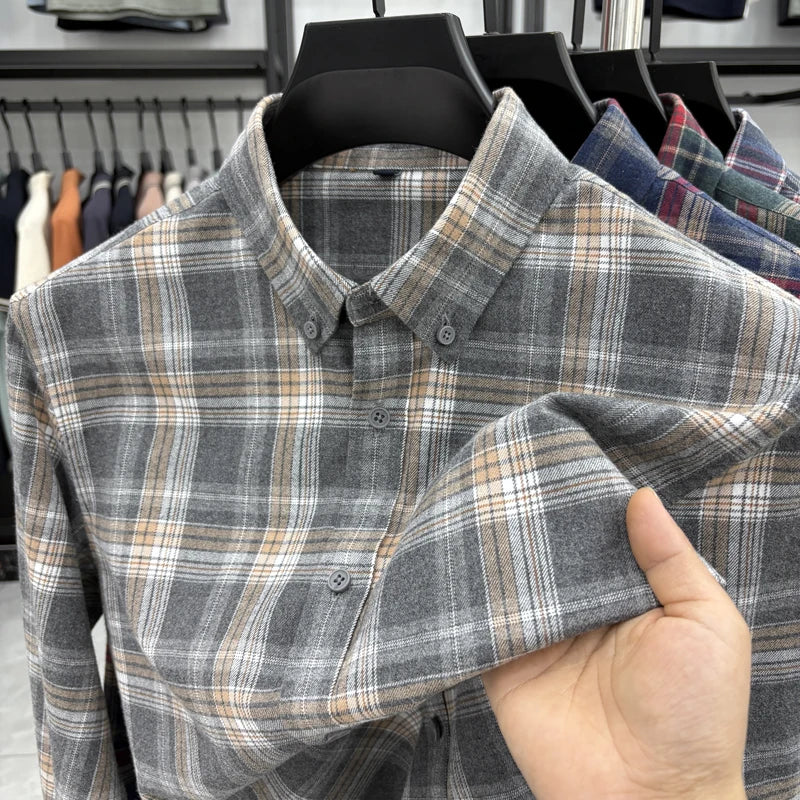 100Cotton High Quality Men's Lapel Contrast Plaid Long Sleeve Shirt Autumn New Matted Breathable Fashion Casual Trend Menswear