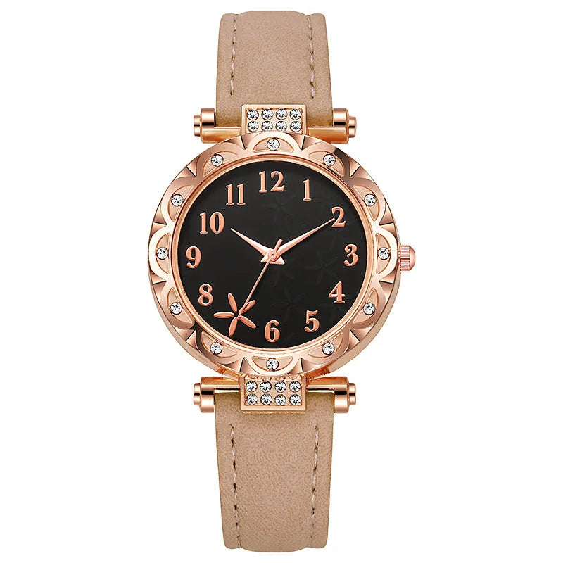 Fashion Sunflower Dial Watch Rose Gold Women's Starfish Quartz Watch Leather Strap Temperament Water Diamond