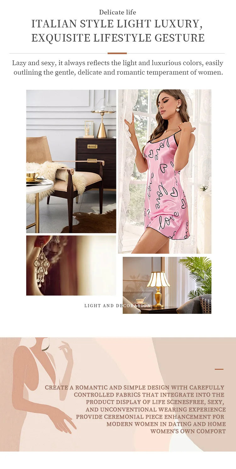Heart Letter Print Nightdress Casual Round Neck Spaghetti Strap Sleep Dress Women's Sleepwear Dresses