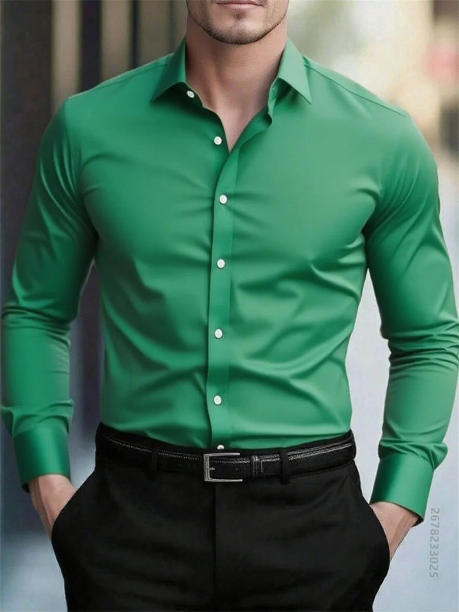 High quality men's solid color long sleeve business shirt, no need to iron, high quality social dress formal casual two use