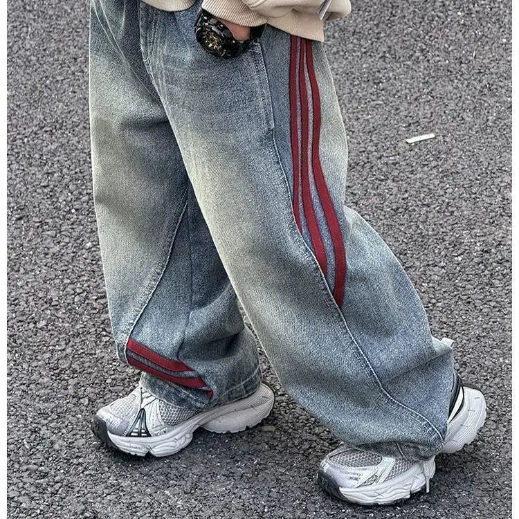 Spring 2026 Children Denim Pants YBFSKID Red Striped Spliced Toddler Kids Boys Jeans Little Baby Boys Trousers 2-10Y Boys Pants