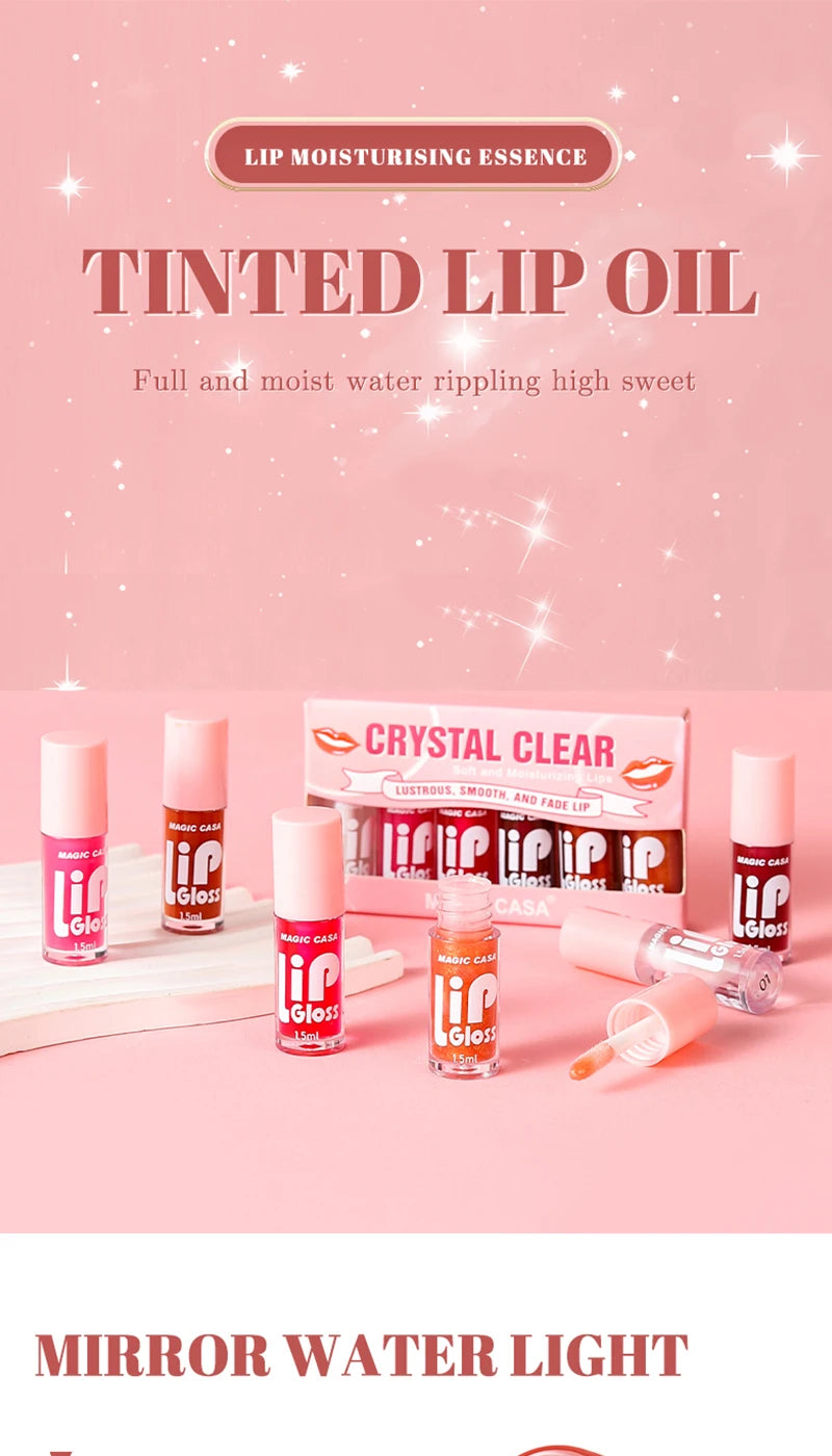 MAGIC CASA 6-Piece Set Water-Gloss Jelly Lip Oil - Plumping, Hydrating, Makeup Base, Long-Lasting Moisture