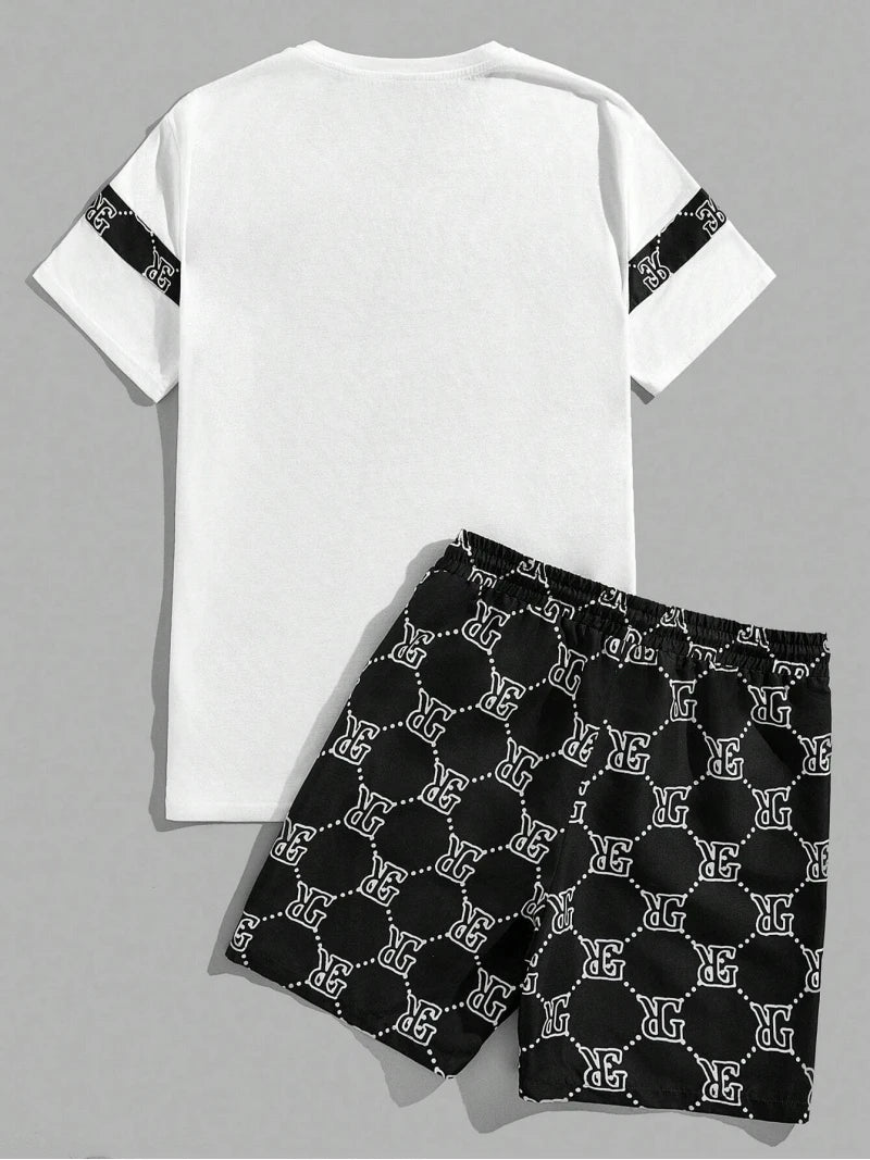 Round-neck Printed Retro Men's Suit, Two-piece Set Short-sleeved Shirt, Comfortable And Breathable Suit