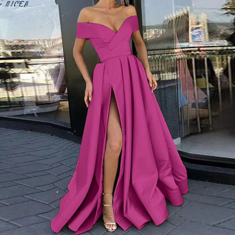 Women's Deep V-neck Dress Elegant Long Skirt High Waist Polka Dot Satin Gown No Sleeve Gathered Princess Style for Party