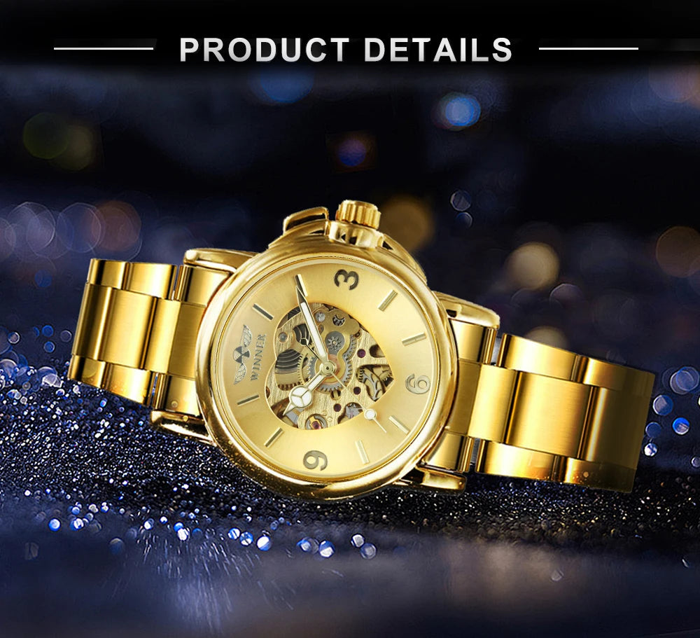 WINNER Fashion Skeleton Watch for Women Elegant Luxury Brand Automatic Mechanical Ladies Watches Gold Stainless Steel Strap 2023