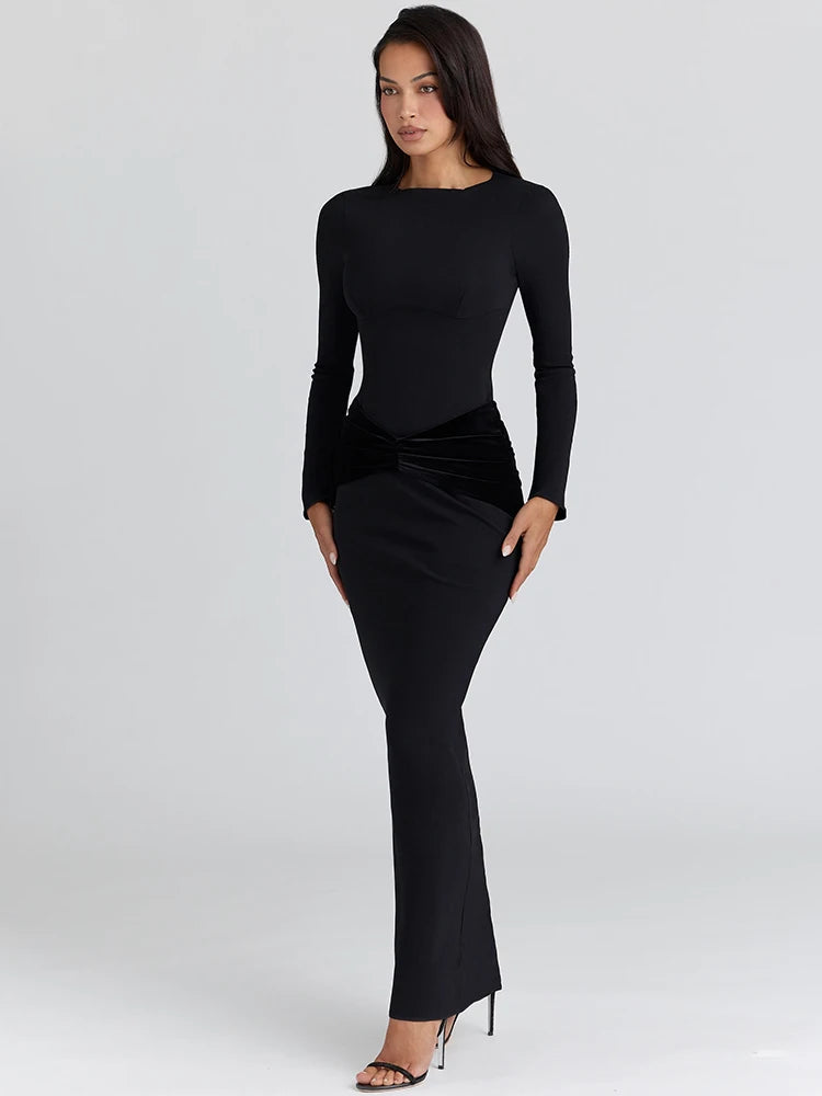 Mozision Long Sleeve High Waist Ruched Sexy Maxi Dress Women Gown Elegant Black Patchwork O Neck Bodycon Club Party Long Dress