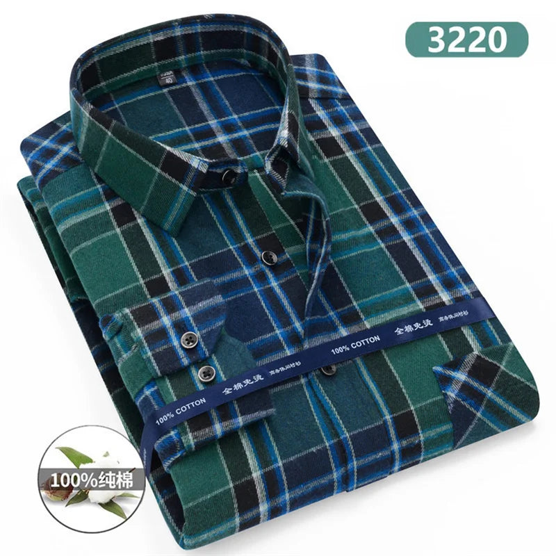 Plaid Flannel Shirts For Men Long Sleeve 100%Cotton Fashion Casual Soft Standard-Fit Man Blouse Clothes Men's clothing 10XL 11XL