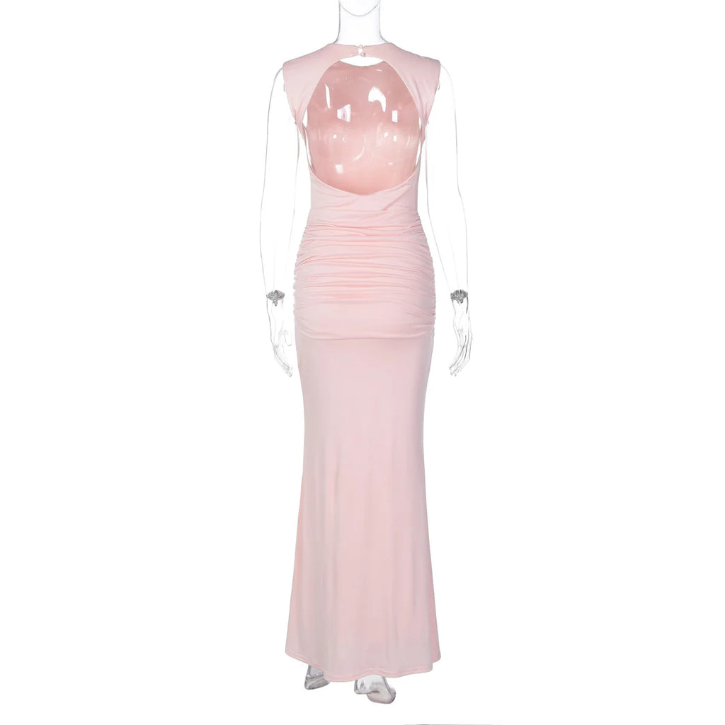 Dulzura O-Neck Sleeveless Backless Ruched Slim Ribbon Long Dress Women Solid Sexy Elegant Clothes Party Club Prom Summer Clothes