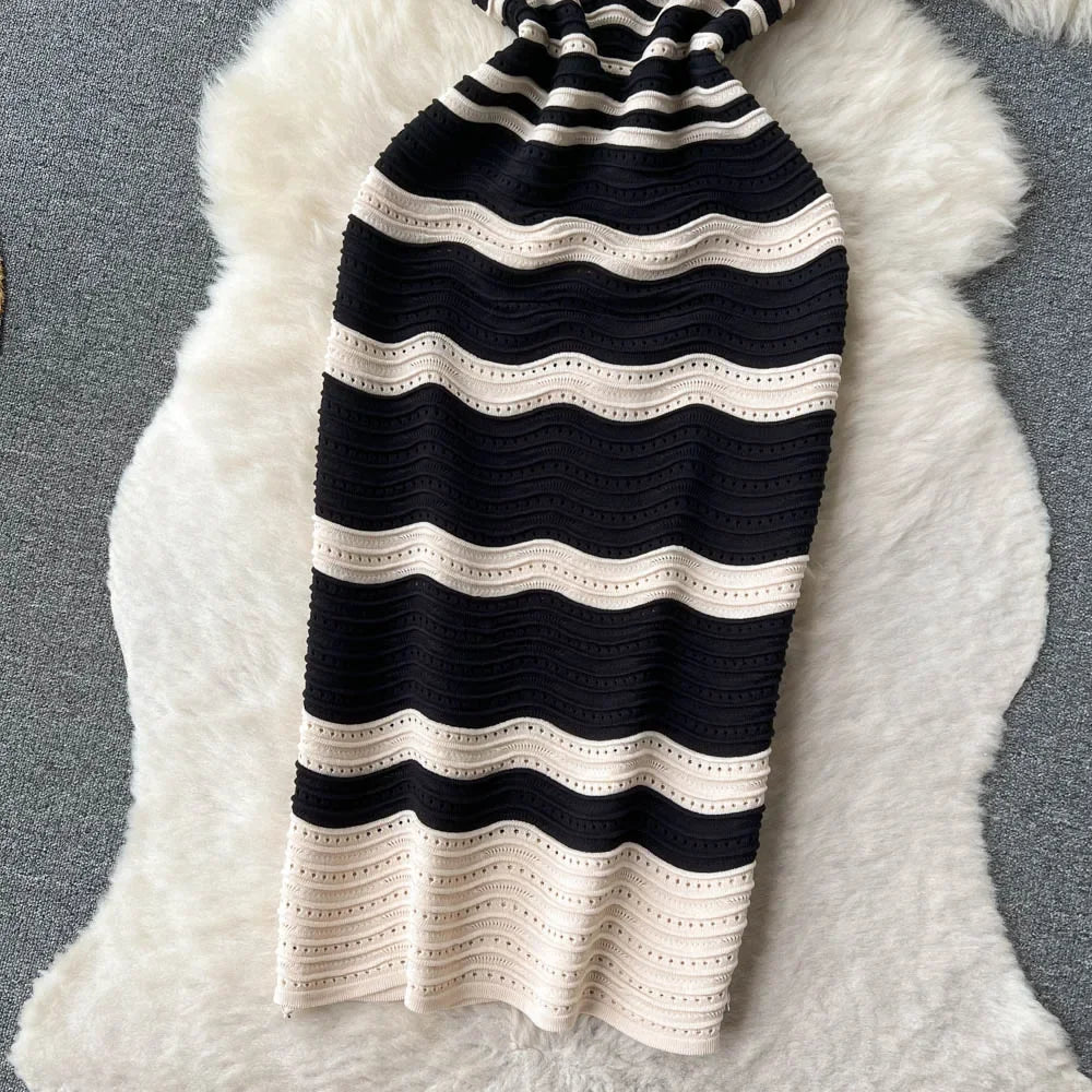 Short Sleeves Striped Long Dress Lapel Neck Hollow Out Slim Bodycon Sundress Fashion Hotsweet Knitted Beach Midi Dress