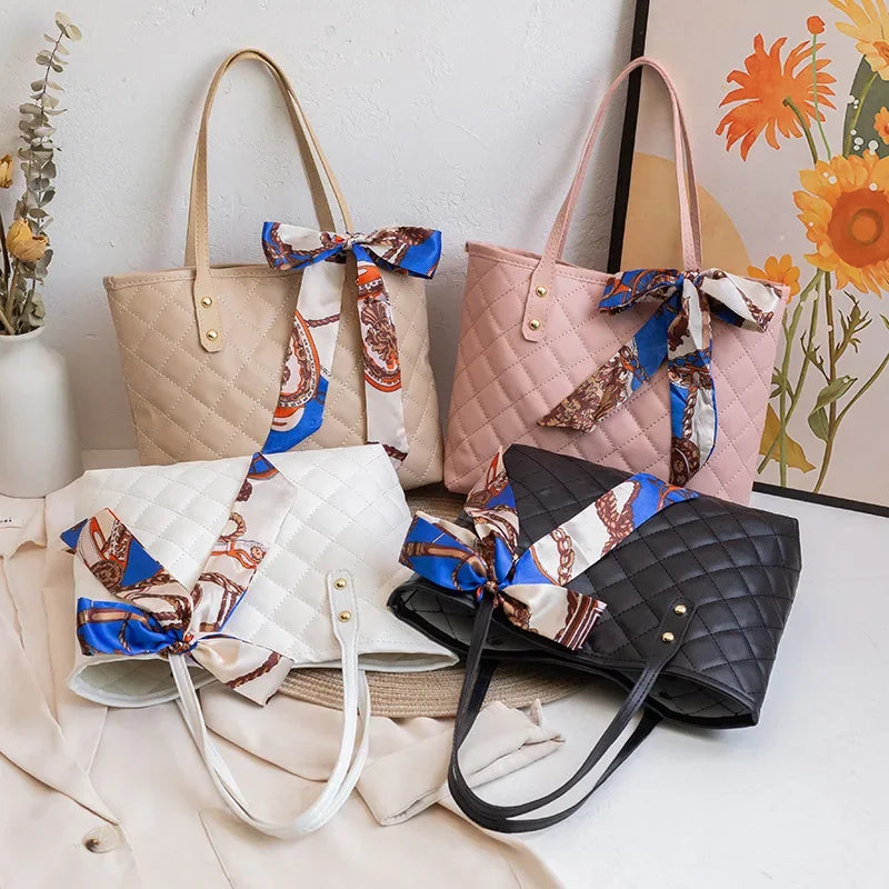 Embroidered Women's Handbag PU Leather Large Capacity Bucket Bag Fashion Beach Tote with Silk Scarf Gift Elegant Daily Use Purse