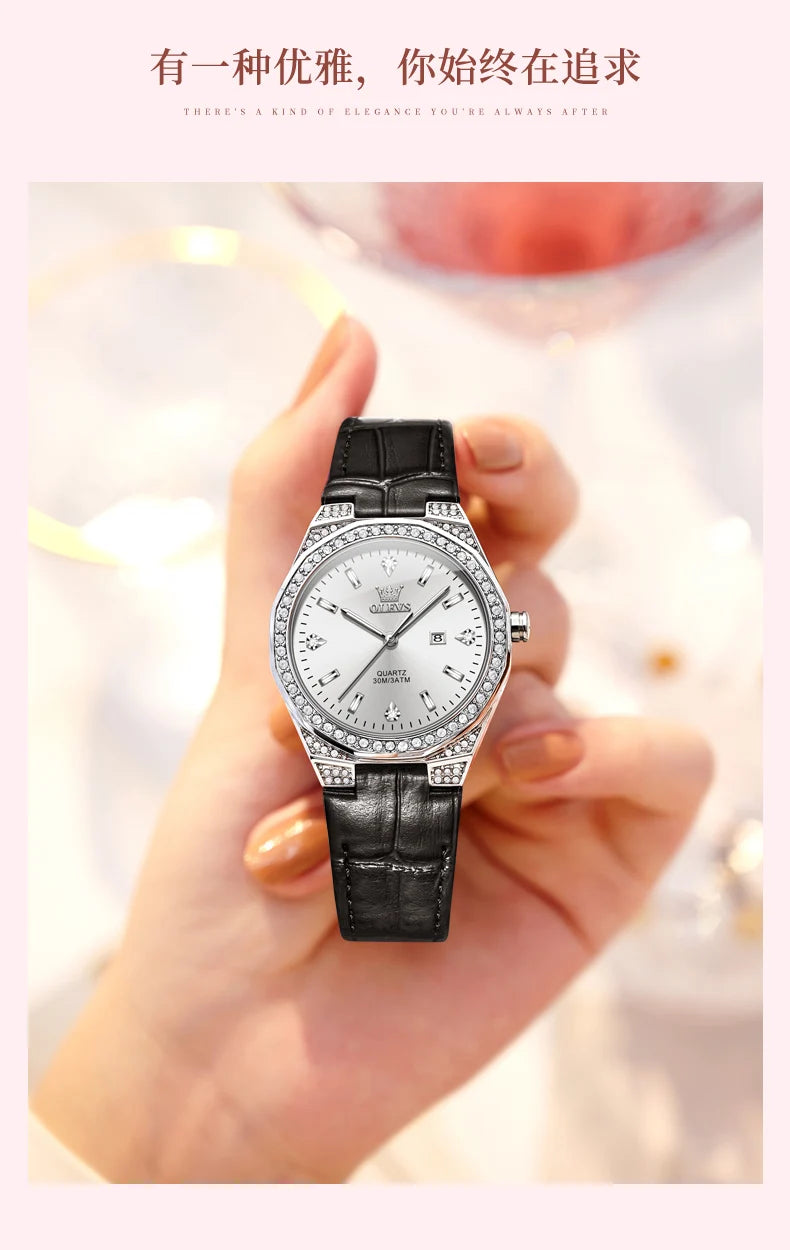 OLEVS NEW Women's Watches Pink Leather Strap Full Diamond New Style Date Waterproof Original Quartz Watch for Girl Fashion