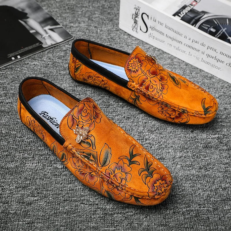 Luxury Brand Yellow Men Casual Shoes Fashion Flower Print Loafers Men Designer Flat Shoes Comfortable Slip-on Male Driving Shoes