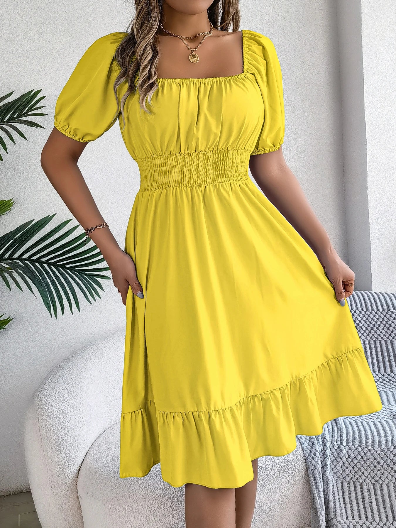 Spring Summer Elegant High Waisted Dress Square Neck Short Sleeved Ruffled Edge Long Dresses for Women 2026 Valentine's Day