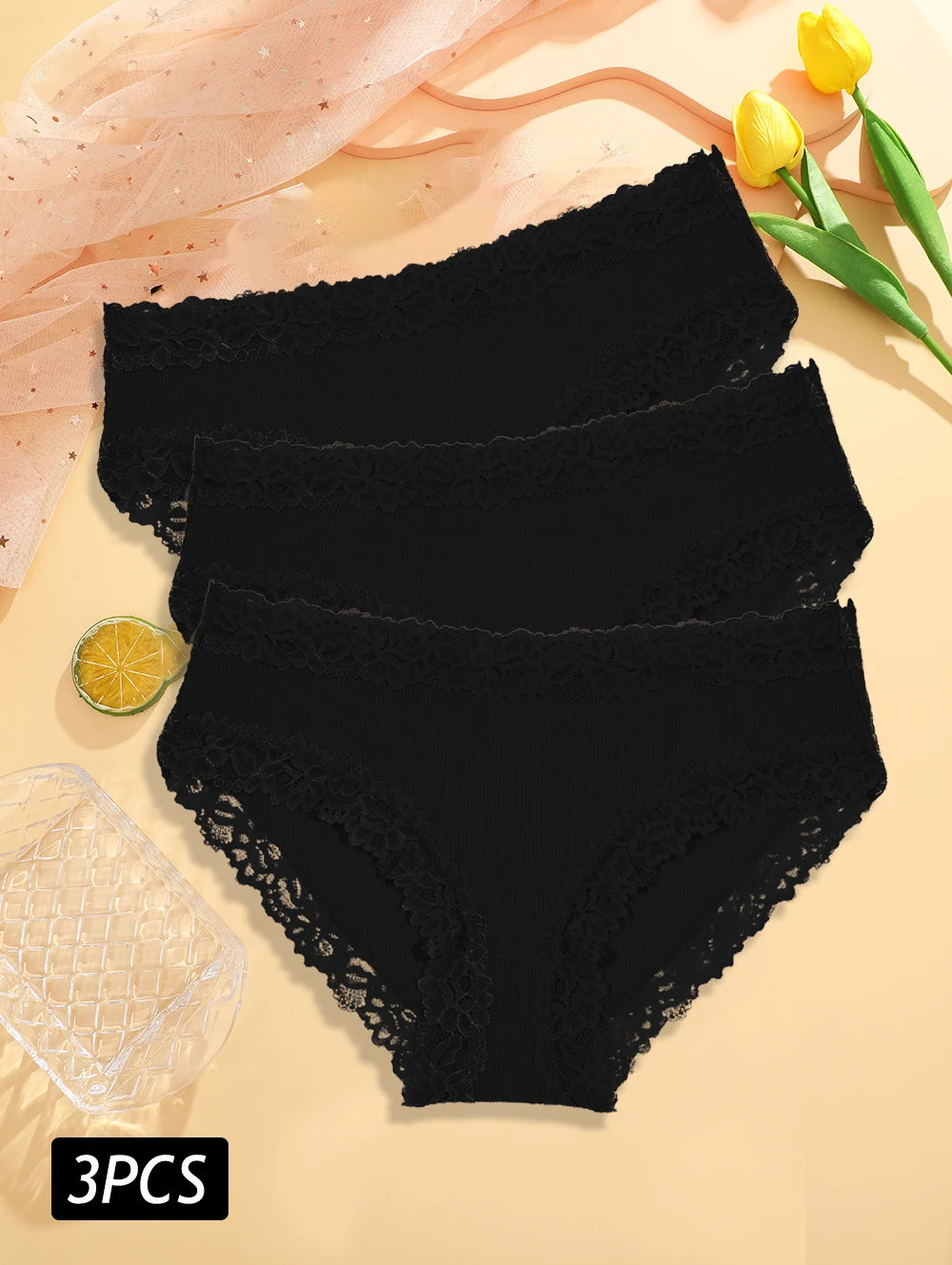 3PCS/Set Sexy Lace Cotton Panties for Women Flroal Lace Seamless Briefs Low Rise Lingerie Female Breathable Soft Underwear S-XL