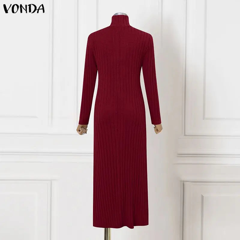 VONDA Women Turtleneck Sweater Dresses Autumn Long Sleeve Knitted Maxi Vestidos Elegant Office Streetwear Solid Party Robe Femme