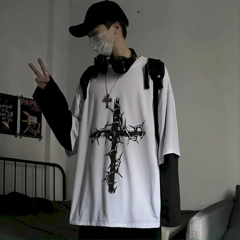 T-shirt for Men Summer Cross of Thorns Suitcase Men's T-shirts Long-sleeved Dark Hip-hop Men's oversize t-shirt Y2k T Shirt Tops