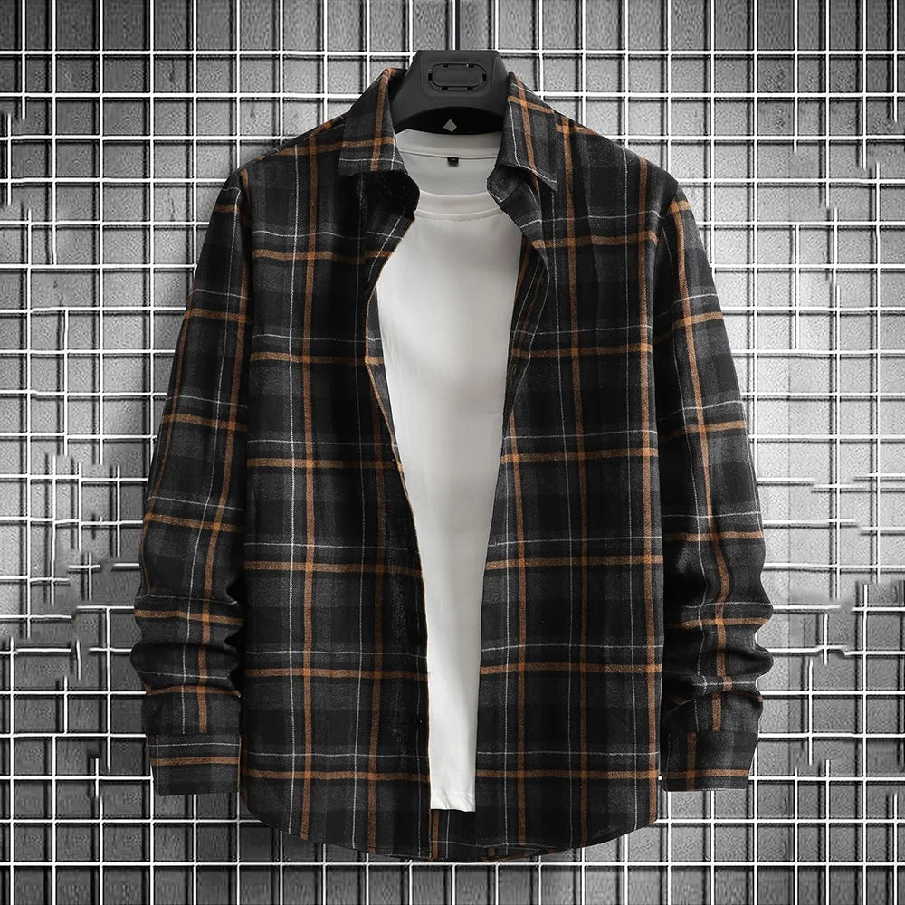 Men's Spring Autumn Plaid Button Down Shirt Long Sleeve Casual Open Front Cardigan Fashion Loose Fit Top