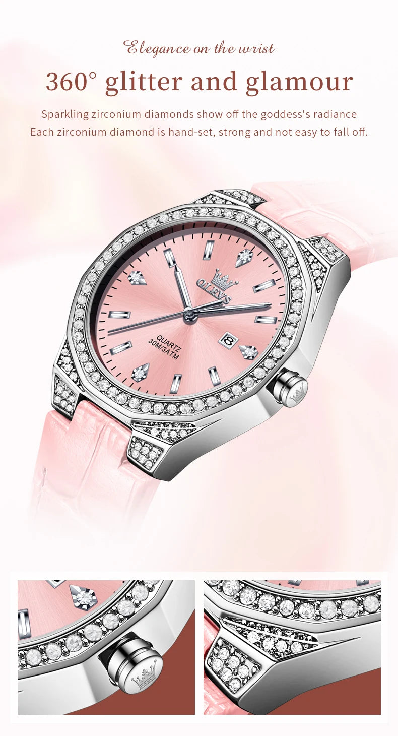 OLEVS NEW Women's Watches Pink Leather Strap Full Diamond New Style Date Waterproof Original Quartz Watch for Girl Fashion