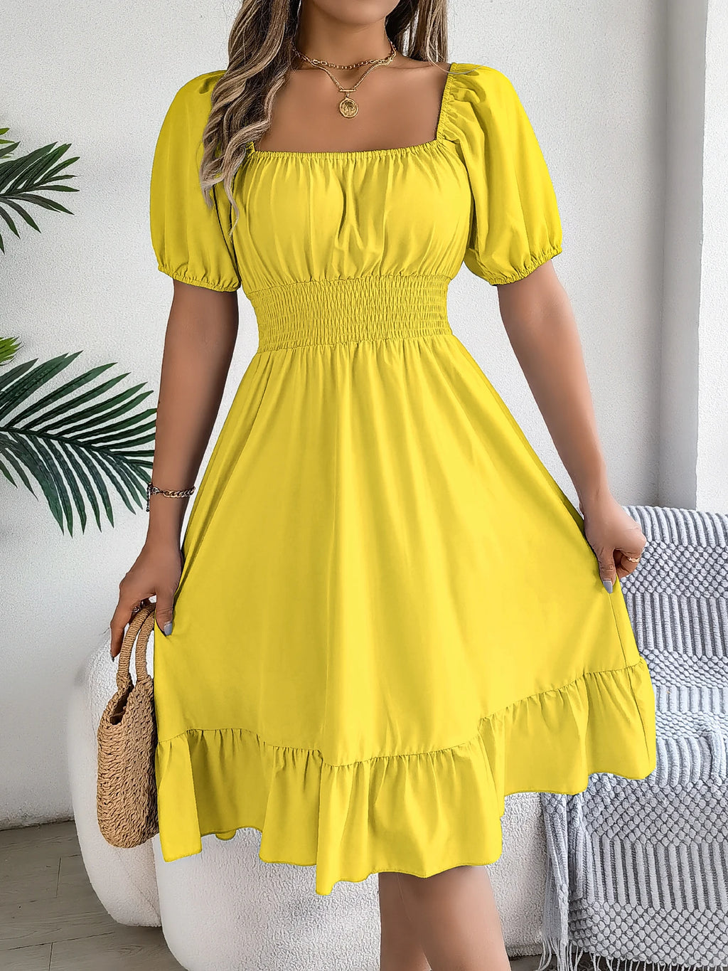 Spring Summer Elegant High Waisted Dress Square Neck Short Sleeved Ruffled Edge Long Dresses for Women 2026 Valentine's Day