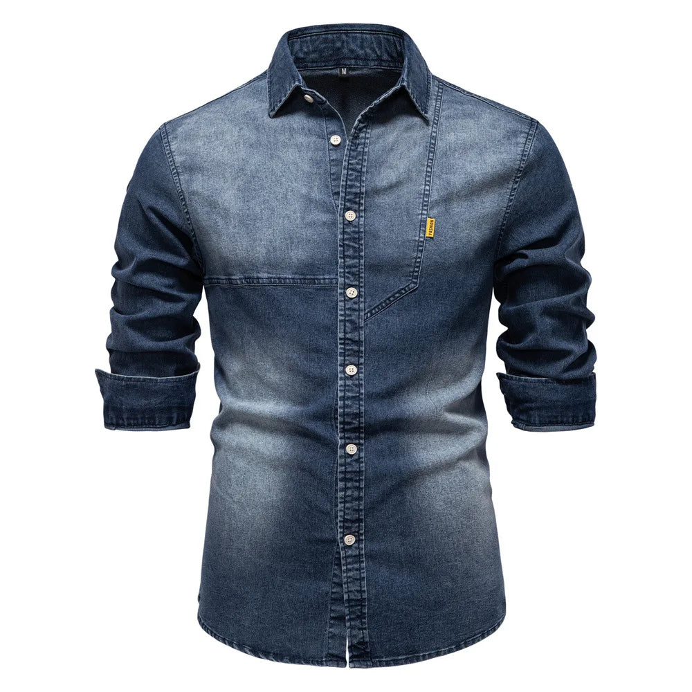 Men's casual solid - color long - sleeve denim shirt, a fashionable and versatile breathable cotton coat.
