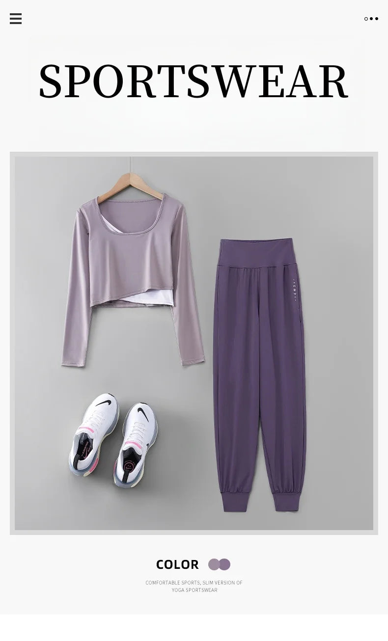 DRUR Women Yoga Set Loose Fit Gym Outfit Long Sleeve Top Pants 2 Piece Sportswear Outfit Running Jogging Suit Fitness Clothing