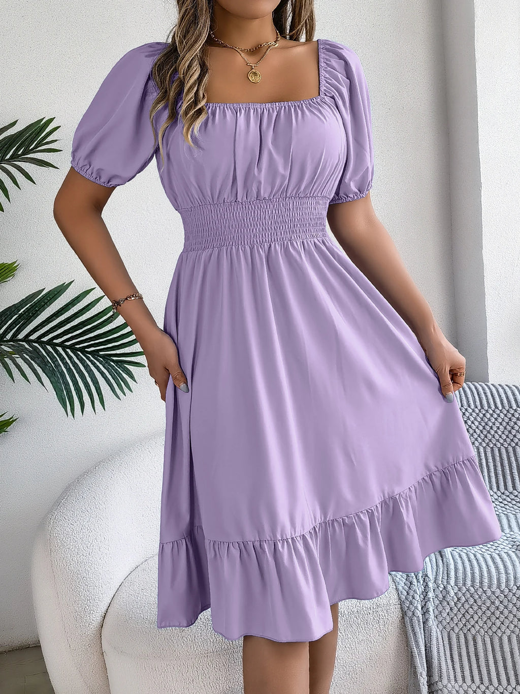 Spring Summer Elegant High Waisted Dress Square Neck Short Sleeved Ruffled Edge Long Dresses for Women 2026 Valentine's Day