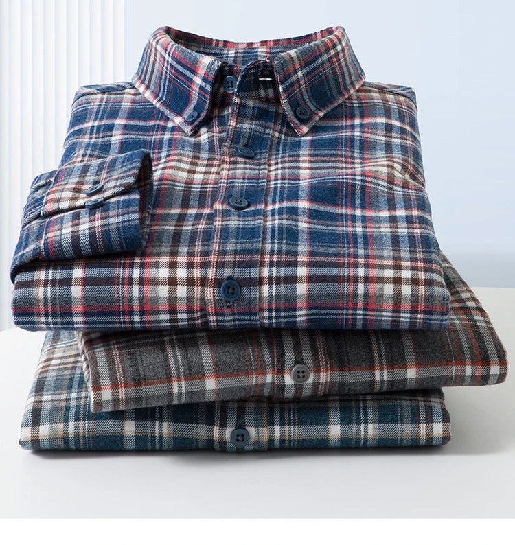 100% Cotton Flannel Shirt Men's, Plaid Casual Jacket, Anti-Wrinkle, Multi-Color Gold Quality Long-Staple Cotton S-4XL