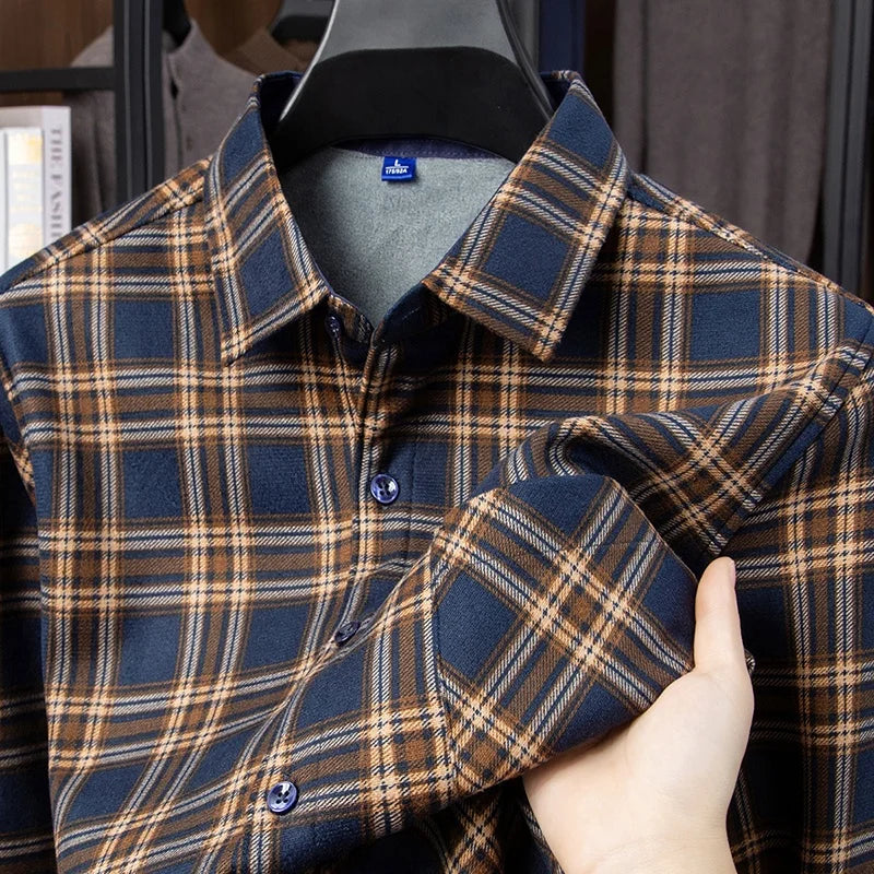 Men's Fleece Lined Thickened Long Sleeve Shirt Pocket Shirt