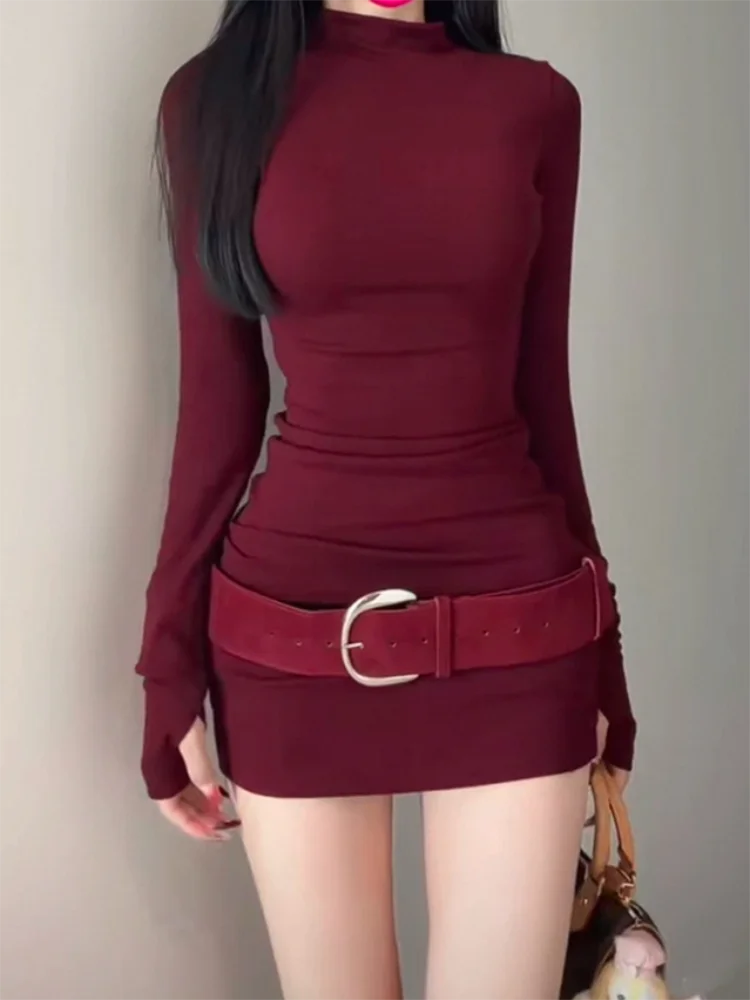 Long Sleeve Slim Bodycon Mini Dress Women Turtleneck Party Christmas Short Evening Club Outfit Dresses Belt Soild Color