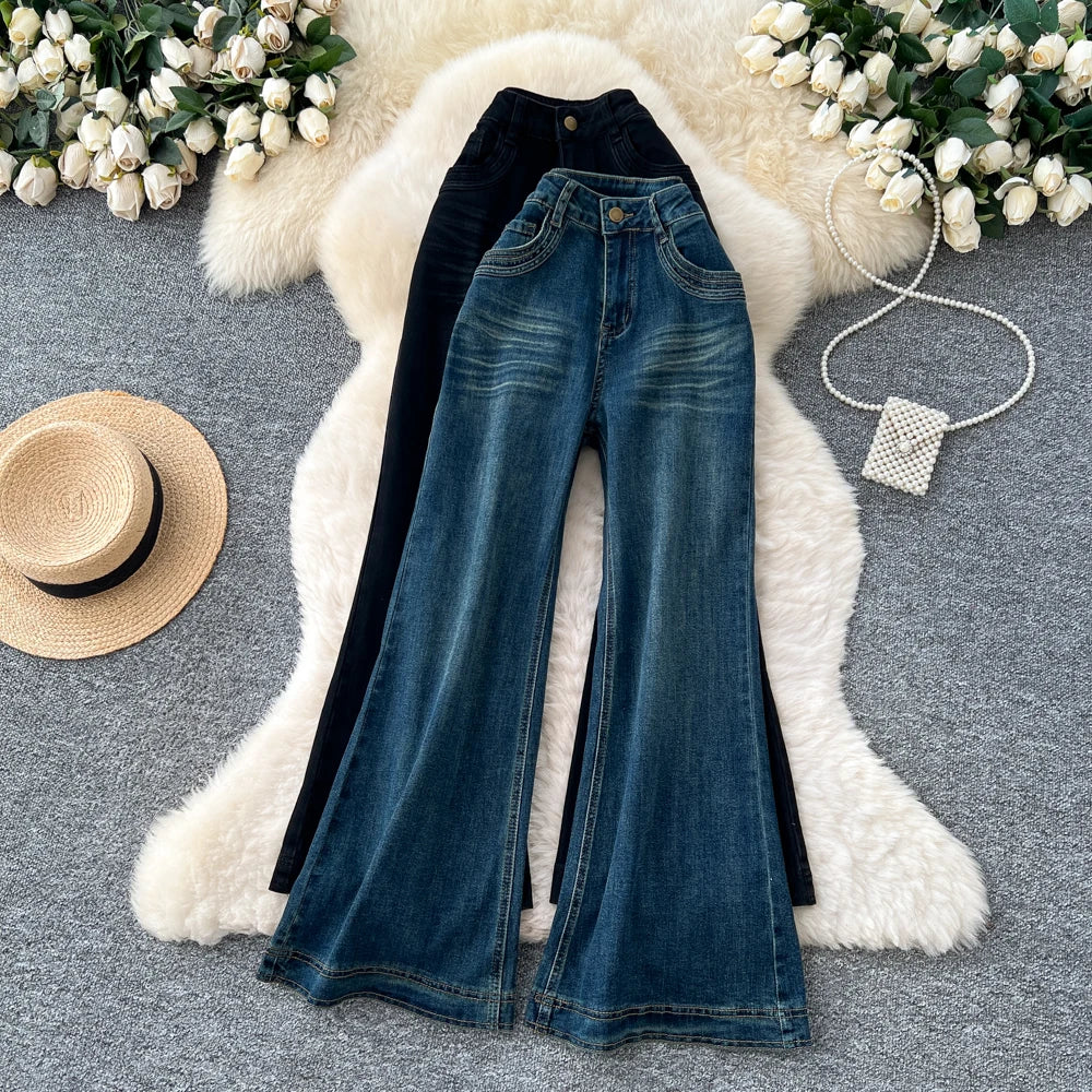 SINGREINY Female Do Old Vintage Jeans Zipper Casual Trendy Street Long Pants Chic High Waist Classic Versatile Boot Cut Trousers