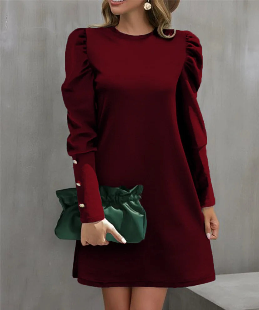2025 Spring and Autumn New Round Neck Bubble Sleeve Button Decorative Long Sleeve Dress