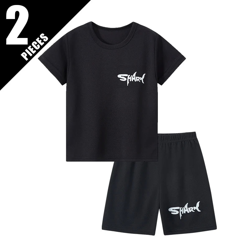2/3pcs Children's Solid Color Shark Letter Quick-drying Shorts Boys Leisure Aports Running Pants Holiday Beach Hot Pants Student