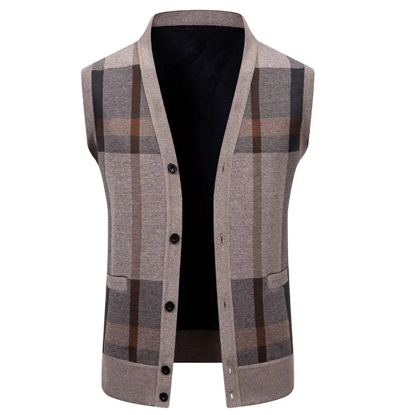 New Mens Fleece Knitted Vest Sleeveless Autumn Winter V Neck Sweater Vest Button Front Knit Cardigan Vest