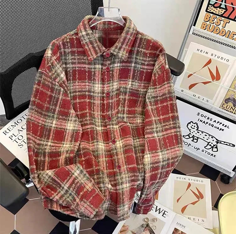 Retro American Plaid Long Sleeve Shirt Women's Lazy Style Loose Slimming Versatile Flannel Coat with Pocket Full Length Button u
