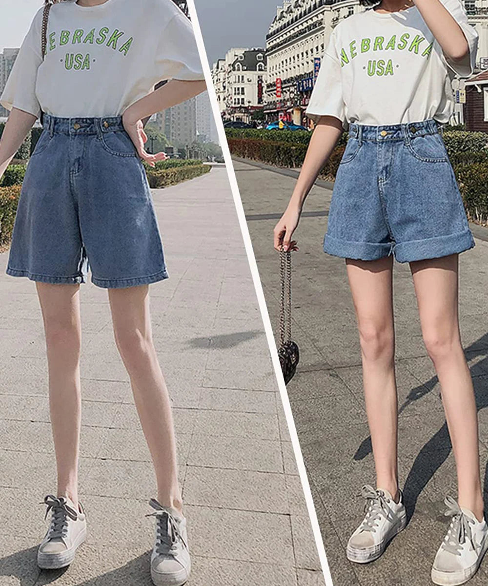 New Summer Women High Waist Button Wigh Leg Jeans Shorts Casual Female Loose Fit Blue Denim Shorts