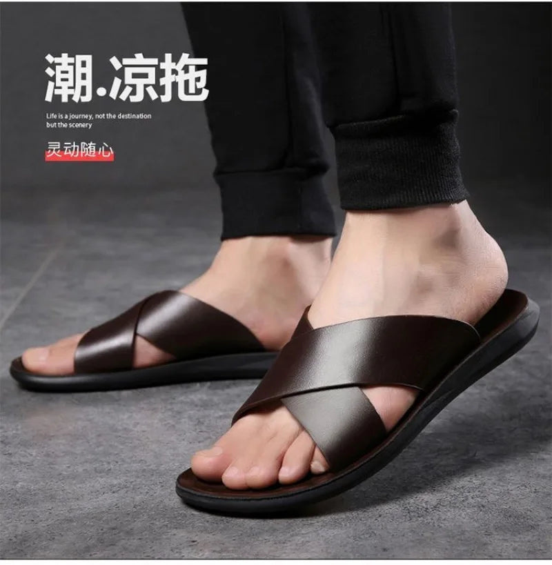 Men's Slippers Fashion Leather Slippers Outdoor Non Slip Beach Shoes for Men Light EVA Soft Sole Slippers 2025Summer New Slides