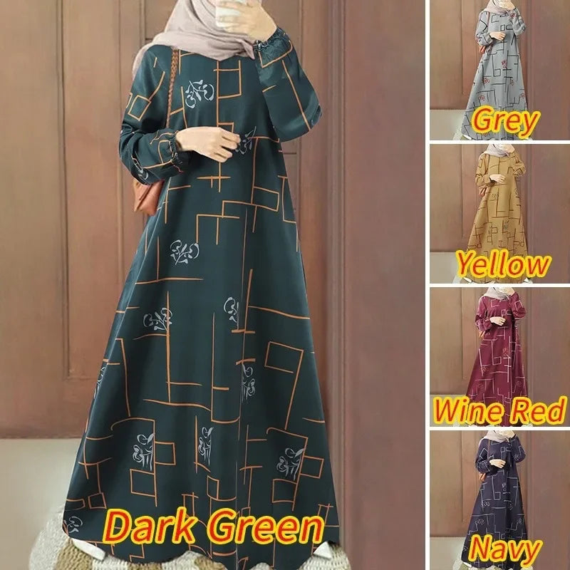 New 2025 Long Sleeve round Neck Printed Loose Fit Maxi Dress Women's Casual Wear Middle East Muslim Style Cross Border Fashion