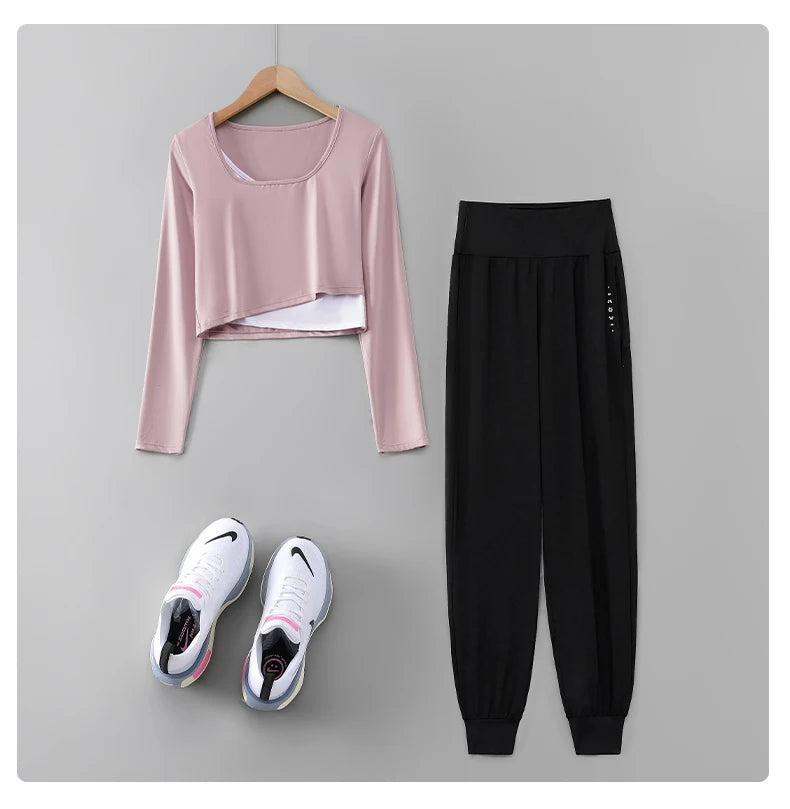 DRUR Women Yoga Set Loose Fit Gym Outfit Long Sleeve Top Pants 2 Piece Sportswear Outfit Running Jogging Suit Fitness Clothing