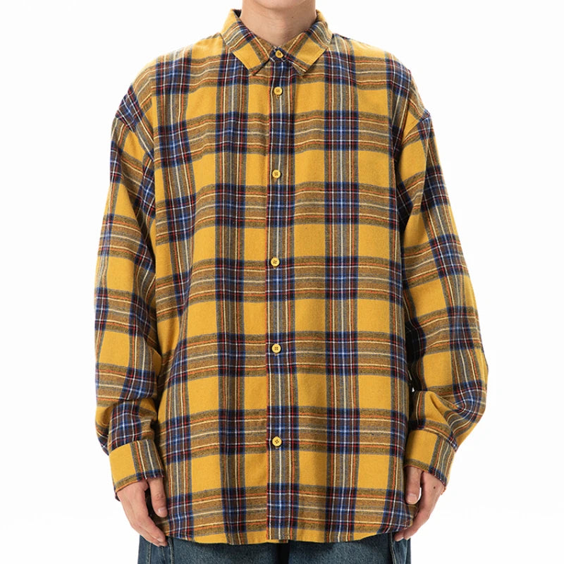 Plaid Shirt with Long Sleeves, Loose Fit, for Casual Men, Harajuku Style, Spring and Autumn Brushed Cotton Shirt.Oversized