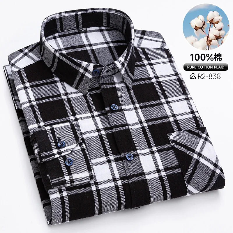 Pure Cotton Men's Plaid Shirts Long Sleeved Regular Fit Casual Office Fashion Shirts Leisure Autumn Male Check Blouses Plus Size