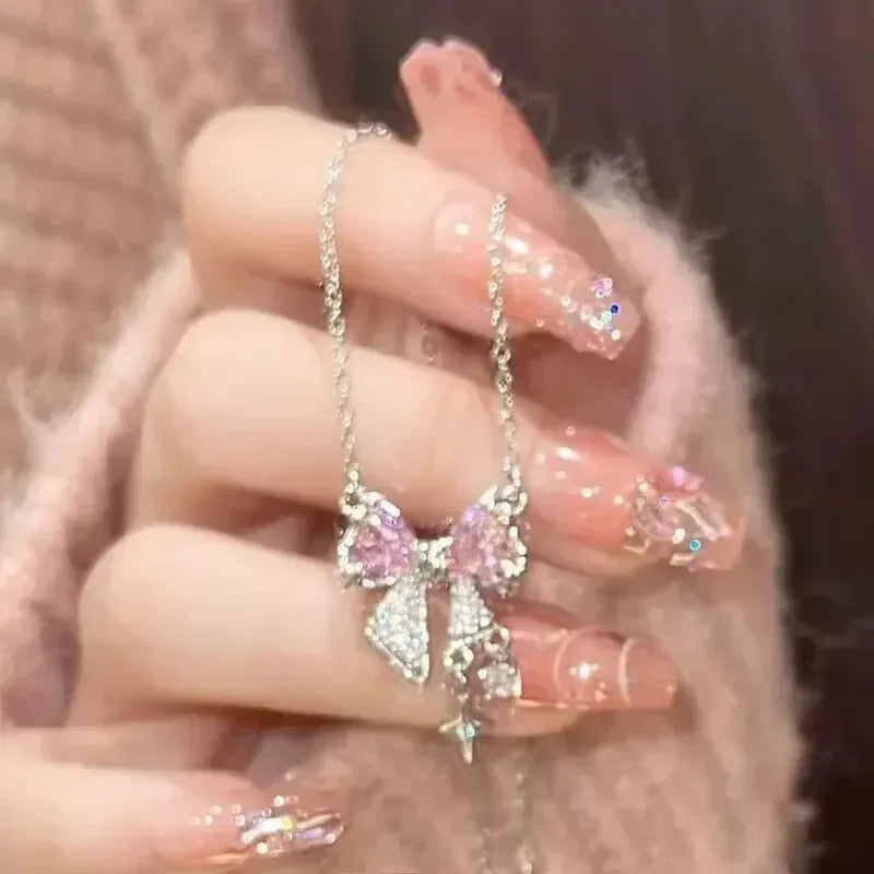 Luxury Fairy Pink Bow Shape Pendant Necklace Rings Set for Women Y2k Clavicle Chain Birthday Party Anniversary Gift Jewelry