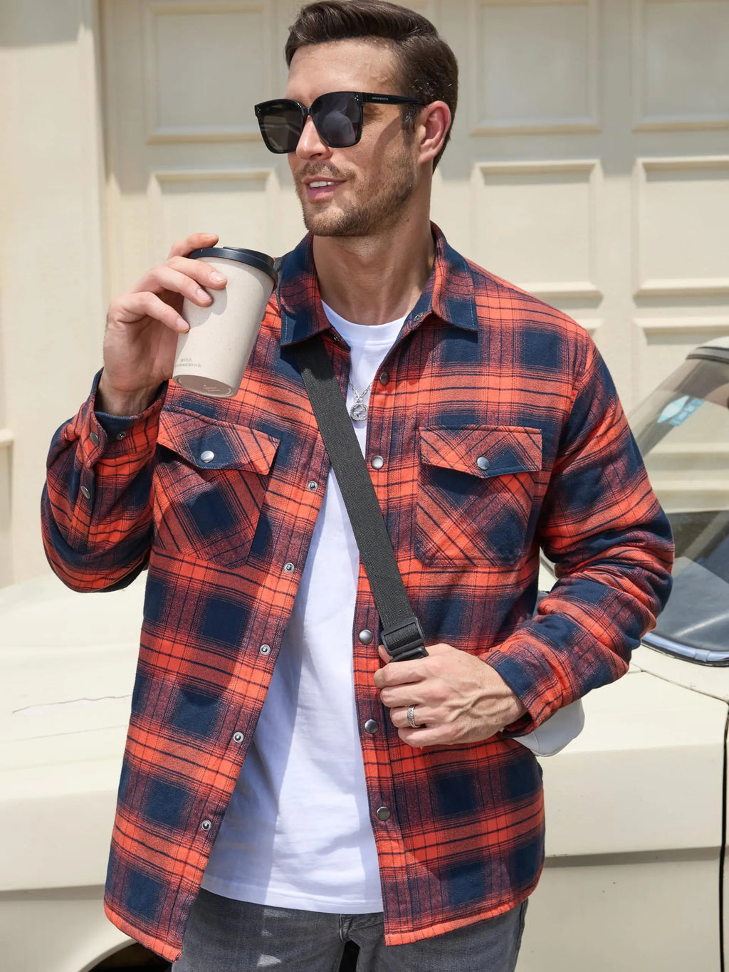 TACVASEN Winter Plaid Cotton Jackets Mens Long Sleeve Quilted Lined Flannel Shirt Jacket Multi-Pockets Outwear Hiking Coats Tops