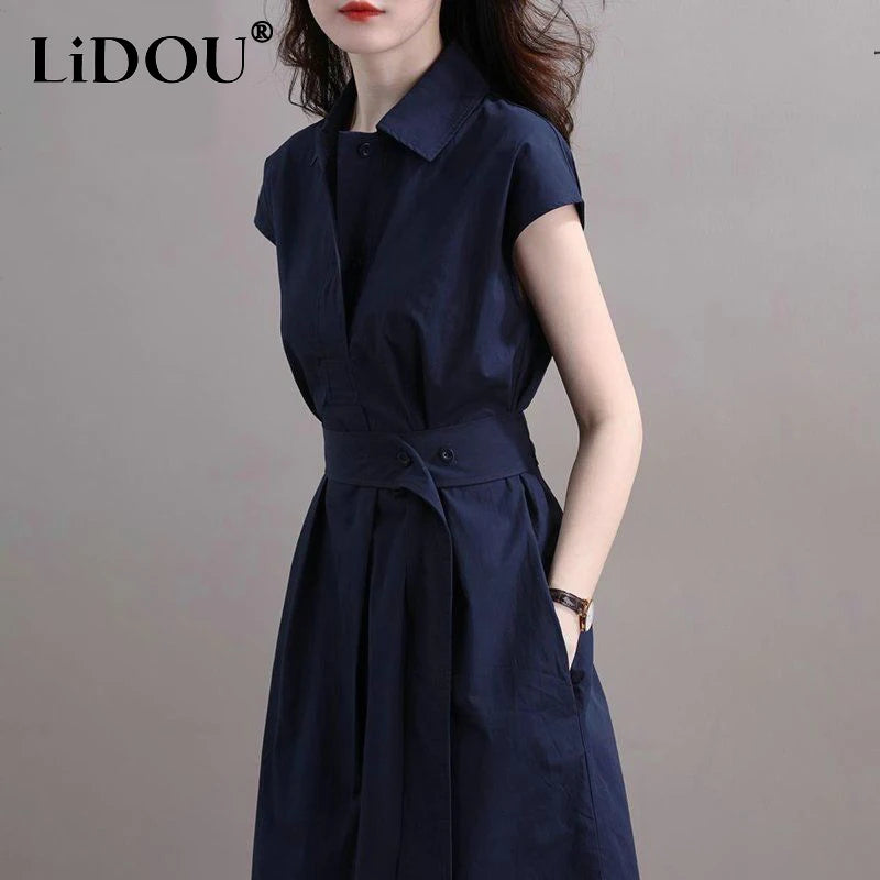 Summer New Elegant Fashion Polo-neck Shirring Waist A-line Dresses Ladies Short Sleeve Temperament Simple Dress Robe Vestidos