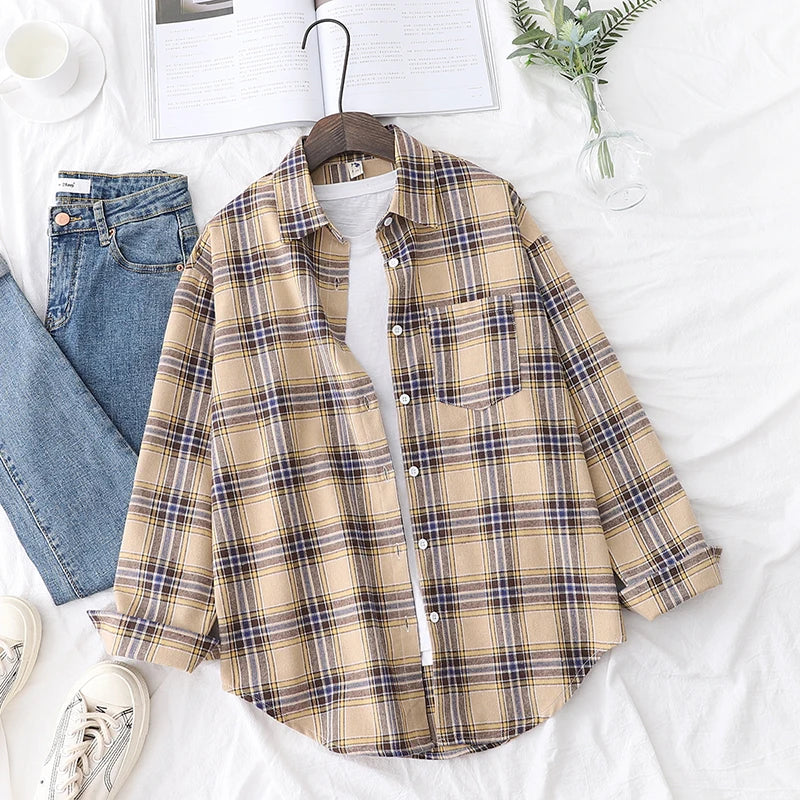 Fresh Flannel Plaid Shirt Women 2025 New Female Blouses and Tops Cotton Loose Long Sleeve Casual Shirts Fine Women's Clothes