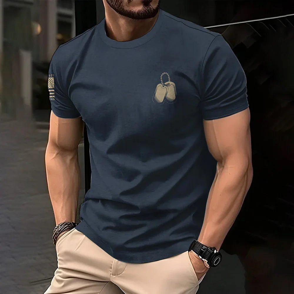 Retro American men's T-shirt casual wear, crew collar short-sleeved top, outdoor simple daily men's breathable sports T-shirt